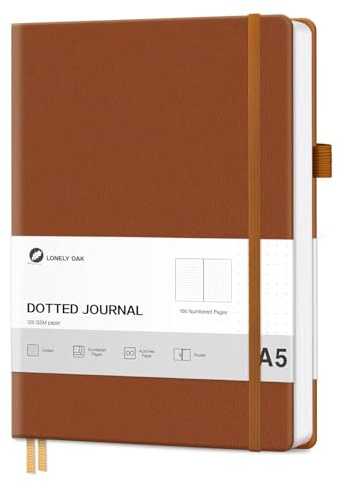 Lonely Ek kulprickig journal anteckningsbok för att skriva, A5 rosa inbunden anteckningsbok för kvinnor och män, resedagbok 120 GSM syrafritt papper med inbunden läder och innerficka (brun)