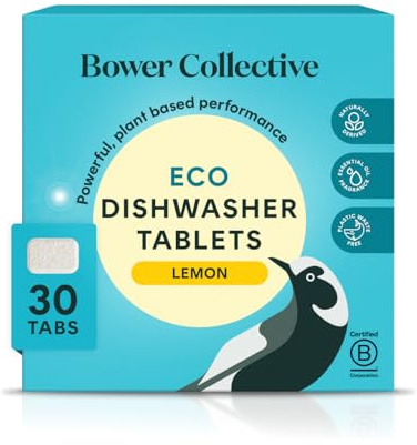 Bower Collective Eco Dishwasher Tablets 30 Pack, Plastic Free Natural Dishwasher Pods, Plant Based with Citrus Essential Oils, Biodegradable Water Soluble Wrapper