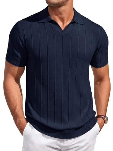 Runcati Polo de verano para hombre, manga corta, de punto, monocolor, con botones, corte ajustado, deportiva, informal, básica,, azul oscuro, XL
