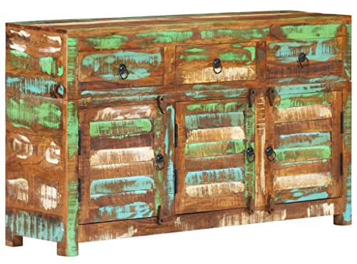 WHOPBXGAD Buffet de Rangement en Bois Massif de Récupération 110x30x65 cm, Meuble Rustique Unique avec 3 Portes et 3 Tiroirs pour Salon ou Salle à Manger, Armoire Écologique Fabriquée Main
