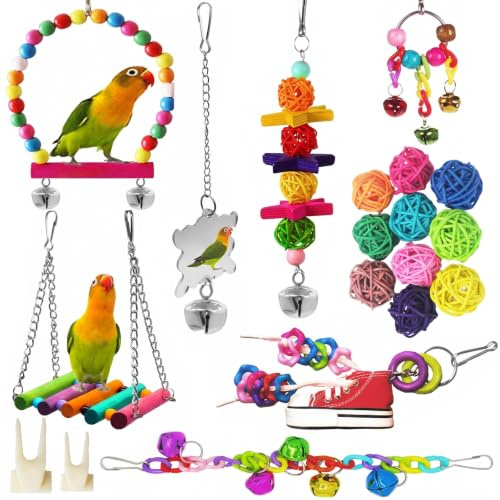 19 Pack Budgie Toys Colorful Wooden Budgie Swing - Bird Toys Bird Swings Wood Bird Swing Perch Parrot Toys Parakeet Budgies Cockatiel Cage Hammock for Parakeet, Cockatiel, Lovebird Random Color