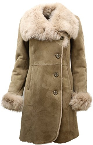 Varm beige mocka merino fårskinnskappa med toscanakrage, BEIgE, M