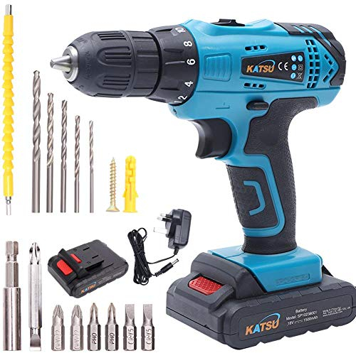 KATSU Taladro Atornillador Inalámbrico 18V con Accesorios + Eje Flexible + Broca de Doble Extremo + 5 Brocas + 6 Puntas Destornillador con Extensión + 2 x 1.5Ah Baterías + Cargador+Estuche