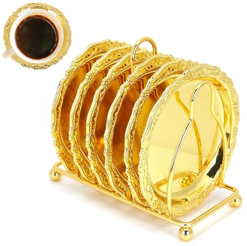 Sottobicchieri da 6 pezzi con supporto, sottobicchiere in oro rustico da 4 pollici Set sottobicchieri per bevande per bar Cucina Coffee Bar Tavolino Decor(Oro)