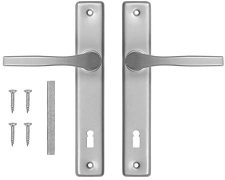 ADGO Set di Maniglie per Porta Destra e Sinistra per Porta con Chiave, R=90 mm, Rettangolare, Maniglia in Alluminio, Piastra in Acciaio, Verniciata a Polvere, Galvanizzata, Argento