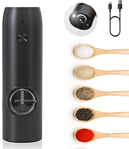 MERTTURM Macinapepe Elettrico Ricaricabile, Macina Sale e Pepe Automatica con Luce Bianca LED, Ruvidità Regolabile, Ceramica, Macina Spezie per Cucina, Ristorante, Barbecue, Campeggio