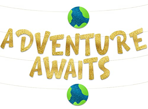 Pre-Strung Adventure Awaits Going Away Party Gold Glitter Banner - Funny Retirement Decorations for Men and Women - Retirement Retirement Bunting, Party Supplies and Farewell Gifts