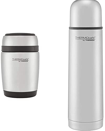 Thermos 190525 Curved Stainless Steel Food Flask with Spoon, 400 ml & Thermocafe Stainless Steel Flask, Silvr, 0.5 L