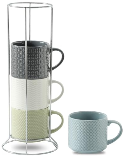 HASENSE Coffee Mugs 12 OZ Ceramic Cups Set of 4, Stackable Embossed Coffee Cups with Rack, Porcelain Coffee Cups for Latte, Cappuccino, Mocha, Cocoa, Americano, Hot Tea and Milk, Multi Color