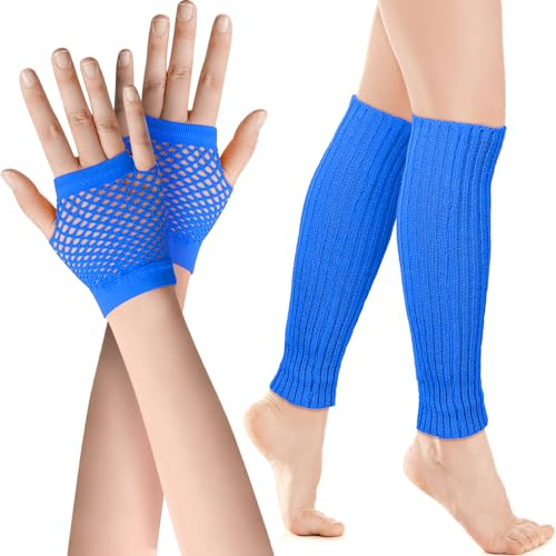 SATINIOR Elastische Neon Beinstulpen und Netzhandschuhe Set 80er Jahre Kostüm Zubehör (Blau)