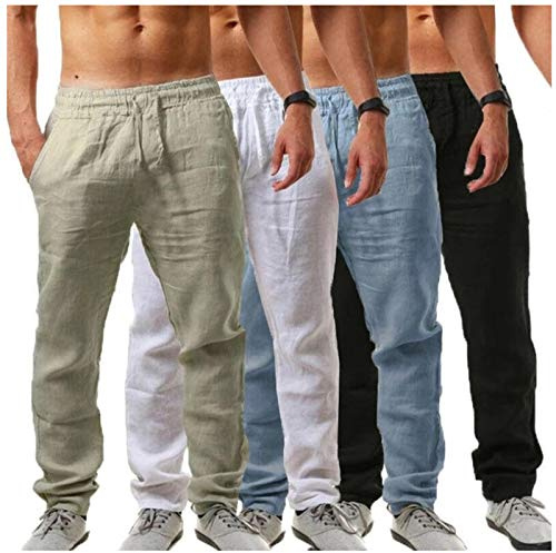Mens Linen Trousers - Summer Casual Wide Leg Pants, Lightweight Breathable, Elastic Waist, Loose Fit