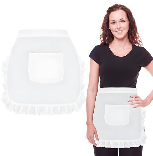 SwirlColor delantal blanco con bolsillo, lindo semidelantal blanco flores de mujer cintura corta delantale cintura delantal camarero para cocina restaurante cafetería taberna