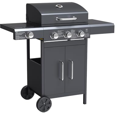 BBQ a Gas con 3 Bruciatori e Fornello Laterale e Termometro Integrato - Barbecue in Acciaio Lucido, Ideale per Terrazzi e Giardini, 106x52.8x101.6cm, Nero