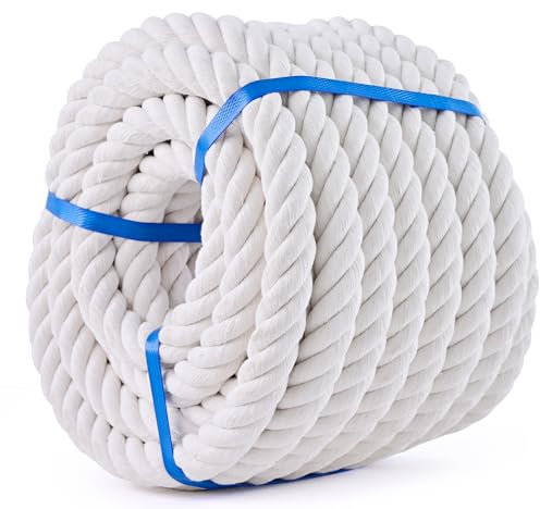 Cuerda de algodón blanco de 1 pulgada x cuerda de algodón trenzado natural de 50 pies, cuerda fuerte de 4 hebras, cuerda de algodón para manualidades, cuerda gruesa, disponible como cuerda de tira y