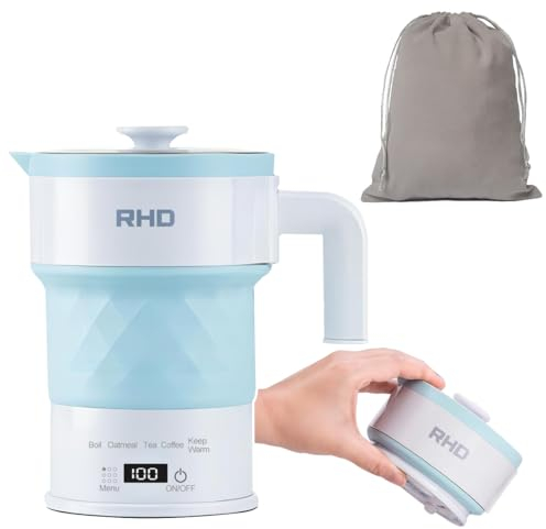 Hervidor eléctrico plegable portátil, 0,7 l, hervidor de camping pequeño, 3 minutos, calentamiento rápido de 1200 W, plegable, multifuncional, calentador inteligente, azul