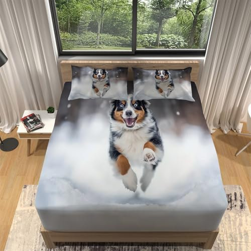 Spannbettlaken Laufender Schäferhund Bedruckt 140 x 200 cm Weiche Mikrofaser Bunt Bettlaken Rund-um Elastischem Gummizug, für Matratzen von 5-30 cm mit 2 Kissenbezügen 80 x 80 cm