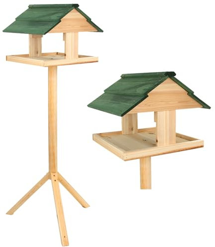 Discoball Freestanding Wooden Bird Feeding Table with Sturdy Tripod Stand – Spacious Platform Bird Feeder for Garden Birds, Outdoor Bird House Shelter with Green Roof