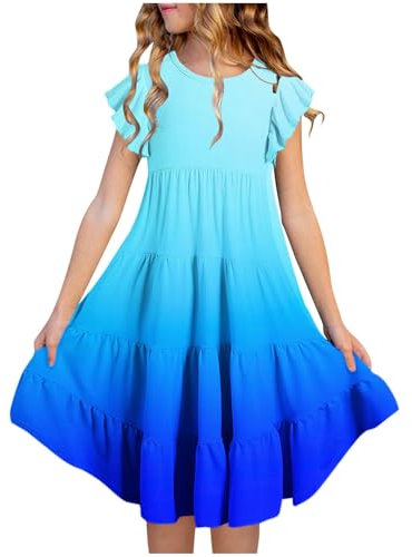 Girls Dresses Ruffle Sleeves Summer Casual Dress with Pockets Kids Cotton Blend Gradient A-Line Tiered Party Swing Sundress for Girls 6-14 Years (UK, Age, 14 Years, 15 Years, Regular, Blue)