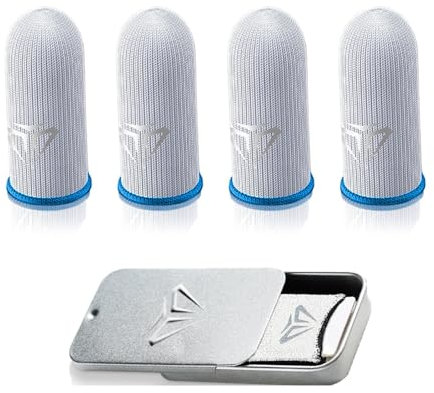 Fleymu Fundas para Dedos Gaming 4 Piezas con Caja Metálica, Finger Sleeve Gaming - Ultra Delgadas, Antideslizantes, Transpirables, Conductoras y Elásticas para Móvil, PC y Consolas