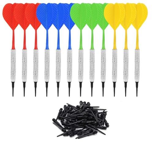 12PCS Safety Soft Tip Darts Set Includes 100 Extra Tips 4 Colours Red Yellow Blue Green 14g Plastic Darts for Electronic Dartboards Kids Adults Indoor Game
