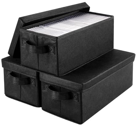 TOWEBOORY 3-pack låda CD-arkiv, stapelbara lådor för CD-skivor hopfällbara föremål med lock förvaringslådor med handtag, för garderober, garderober, hyllor