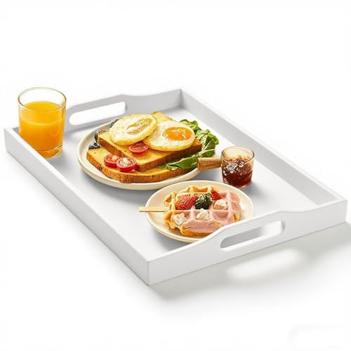 Yvttve Vassoio in Legno Rettangolare da Cucina, Vassoi da Portata in Bambù con Manici, Piatto da Portata per Colazione, Caffè, Tè (Bianco, 42 x 32 CM)