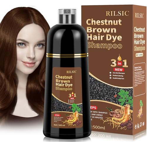 RILSIC Shampoo Colorante Donna Uomo, 500ML Shampoo Colorante Bianchi, Hair Dye 3 in 1, Tintura per Capelli Bianchi Istantaneo, Colore e Duratura, Tinta Capelli per Uomini Donne (Castagno)