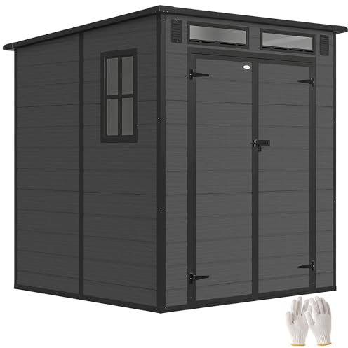Outsunny Casetta da Giardino 2.89m² in PP e Alluminio con Pavimento, Capanno da Giardino Porta Attrezzi con Doppia Porta Bloccabile, Prese d'Aria, 3 Finestre, Tetto Inclinato, Guanti, Grigio Scuro