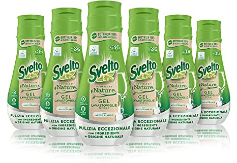 Svelto All in 1 Dishwasher Gel Powered By Nature, 6 Pieces of 36 Washes, Dishwasher Detergent with Ingredients of Natural Origin, Effective in Short Cycles, 100% Recycled Plastic, Vinegar