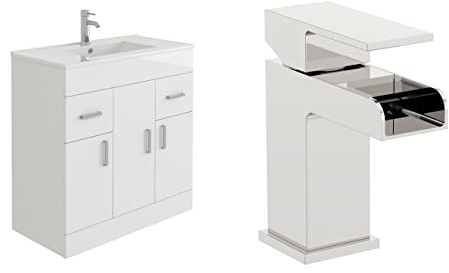 VeeBath Sphinx 800 Vanity Unit with Basin and Waterfall Mixer Tap, Floor Standing Cabinet Rectangular Ceramic Wash Basin for Bathroom Furniture with 3 Doors and 2 Drawers- Gloss White (Flat Pack)