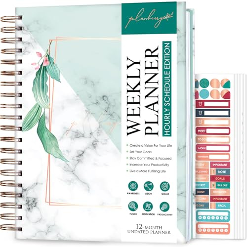 PLANBERRY Stor timplaneringskalender premium – odaterat timschema och budgetorganiserare för tidshantering – produktivitetsdagbok med vanasätare – 20 x 27 cm inbunden (naturgrön)