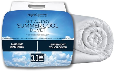 Night Comfort Summer Cool 3 Tog Anti-Allergy Super King Duvet - Breathable Premium Microfibre Cover with Lightweight Hypoallergenic Hollowfibre Filling Bedding Quilt - (260cmx220cm, White)