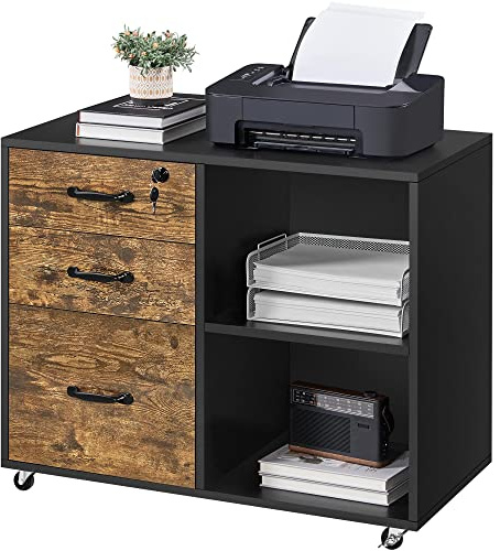 Yaheetech Caisson de Bureau à 3 Tiroirs, Support Imprimante sur 5 roulettes Mobile, 1 Tiroir verrouillable, 2 Compartiments, Dossier de Format A4 ou Lettre, Marron Rustique et Noir