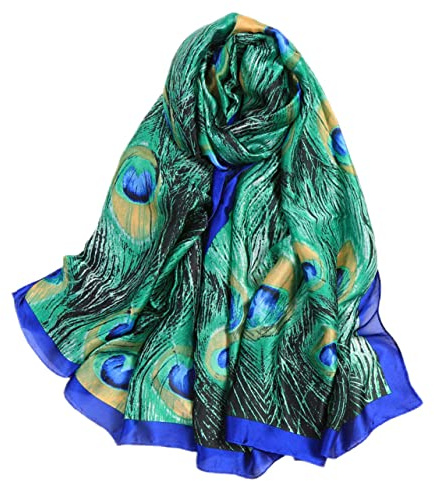 FAIRYGATE Green Silk Scarf Satin Women's Silk Scarves Peacock Scarfs Long Wrap Smooth Sunscreen Shawl for all Season Animal Print Scarf 88005