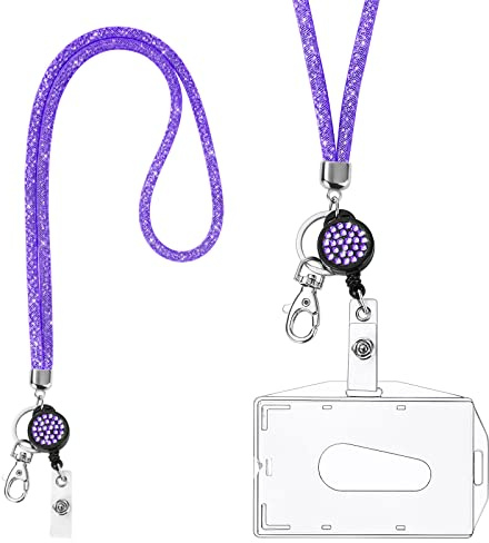 Vicloon Porta Badge Titulares con Cristal Cordon, Transparentes Portatarjetas de Identificación con Cristal Lanyard y Llavero Retráctil, Portatarjetas Colgante, para Tarjeta Tráfico Escuela-Púrpura