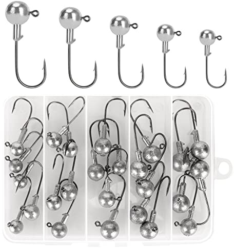 Realure 25 Stück/5 Größen Jigköpfe Set Scharf Jigköpfe Angelhaken mit Round Bleikugeln, Jighaken für Gummifische, Weiche Köder, Rote Würmer zum Angelzubehör Raubfisch 8g 10g 12g 14g 16g
