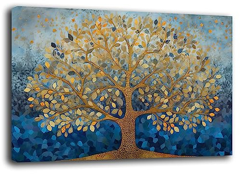 Cuadro moderno salón árbol de la vida abstracto azul dorado cuadros modernos de pared XXL grande impresión sobre lienzo decoración mural pared decoración mural dormitorio salón (30 x 40 cm, 1)