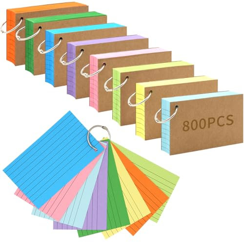 800 PCS Index Cards 3x5 Inches Colored Flash Cards with Ring, Punched Lined Flashcards Ruled Index Cards Notecards Study Cards Heavy Note Cards for Studying, Learning, School, College, Memory
