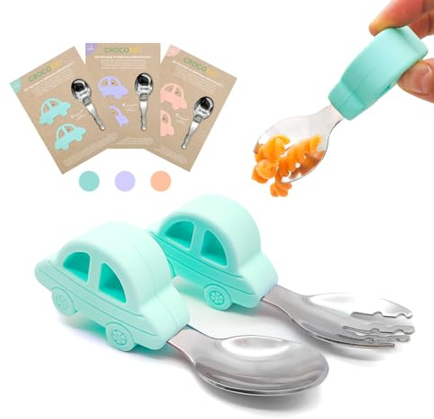 CROCOKID® Set Posate Bambino 18 Mesi - Forchetta & Cucchiaio Ergonomici Autosvezzamento in Acciaio & Silicone, Forma Macchinina Divertente & Senza BPA | Posate per Imparare a Mangiare - Menta