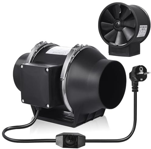 Vehipa Extractor de Aire 100mm Regulable, 220m³/h 220 V Ventiladores de Extracción en Línea con enchufe IEC para Baños, Cocinas, Plantación, Garage