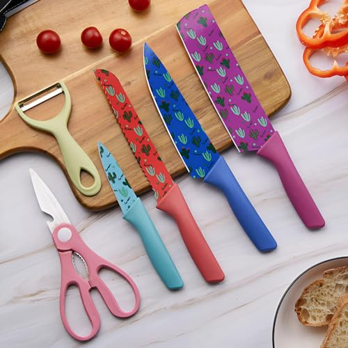 Trusttread set de couteaux de cuisine,6 pcs couteau ceramique cuisine colorés avec revêtement antiadhésif,pour couper fruits légumes viande - léger et durable