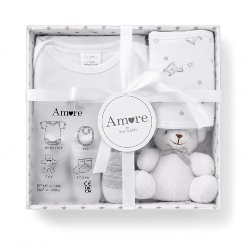 Nyfödd baby 4-delad lyxig låda baby presentset (0-3 månader), baby shower gåva & nyfödd baby present, unisex baby presentpaket, kön avslöjande gåva
