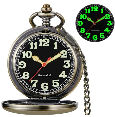 Alwesam Pocket Watch Hand Wind Mechanical Luminous Arabic Numerals with Chain&Box Best Gift(Bronze)