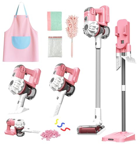 SMILESSKIDDO Kids Vacuum That Really Works - 3-in-1 Toy Vacuum with Real Suction, Apron, Cleaning Cloth, Duster & Colorful Beads, Toddler Cleaning Toy Set, Housekeeping Toy Gifts for Girls & Boys