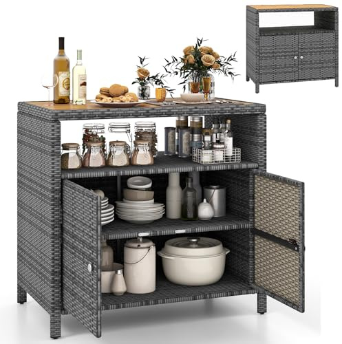 GYMAX Gartenschrank Rattan, Terrassenschrank mit Doppeltür, Akazienholz-Arbeitsplatte & offenes Regal, Outdoor Aufbewahrungsschrank, Balkonschrank für Garten, Terrasse, Pool, 90 x 53 x 86 cm (Grau)