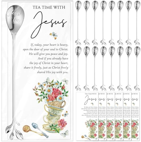 Skybooly 15 Sets Christian Tea Party Favors Jesus Teaspoons with Prayer Cards 6.5 Coffee Spoons Souvenirs for Tea Party Church Christmas Easter Family Reunion Gifts