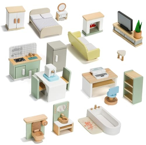 Wooden Dollhouse Furniture Set, Pretend Play Miniature Doll House Accessory
