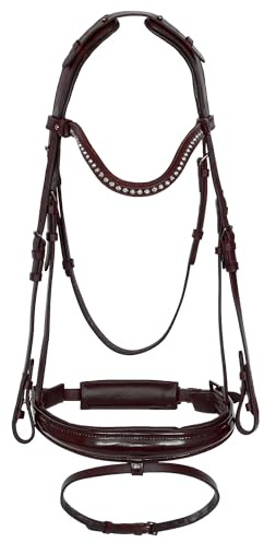 Start Bridon anatomique en cuir avec bandeau en cuir verni et strass - têtière rembourrée douce - avec rênes - pour entraînement et tournoi - Arcadia (marron, poney)