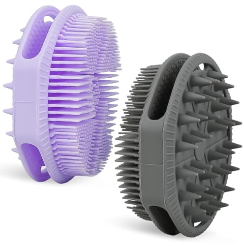 2-Pack Soft Silicone Dual-Sided Body Scrubber & Loofah | Gentle Exfoliating Shower Brush for Men & Women | Creates Rich Lather, Easy to Clean (Gray & Purple)