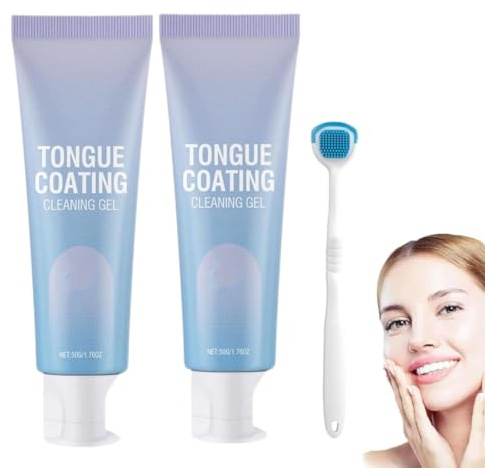 Set di gel per la pulizia della lingua con spazzola, set di gel per la pulizia della lingua, set di gel raschietto per la lingua, rimuove la lingua bianca e pelosa e l'alito cattivo (2 pezzi)
